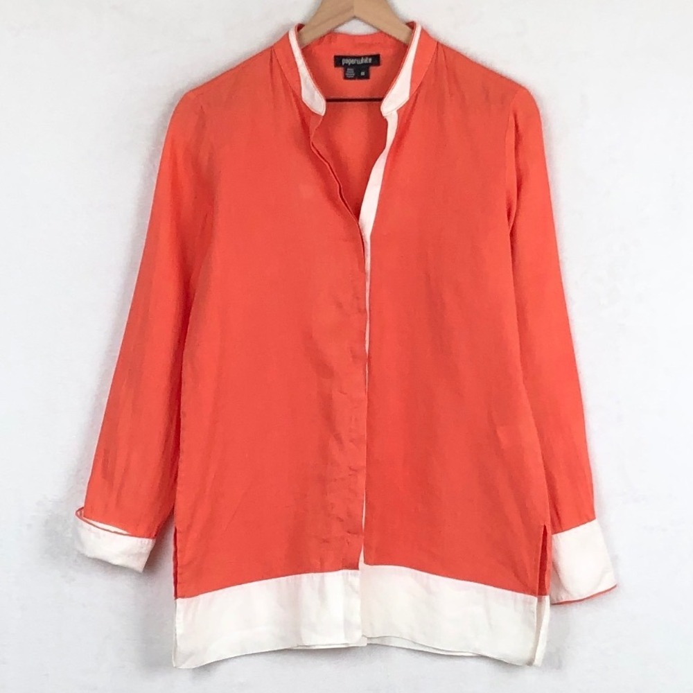 PAPERWHITE 100% Linen Colorblock Tunic Top Women's Sz 6 Coral Mandarin Button Up